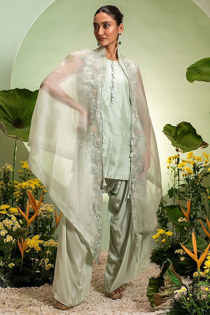 Aqua Organza Satin Dupion Cape Set by Pallavi Poddar (India) at Pernia's Pop Up Shop