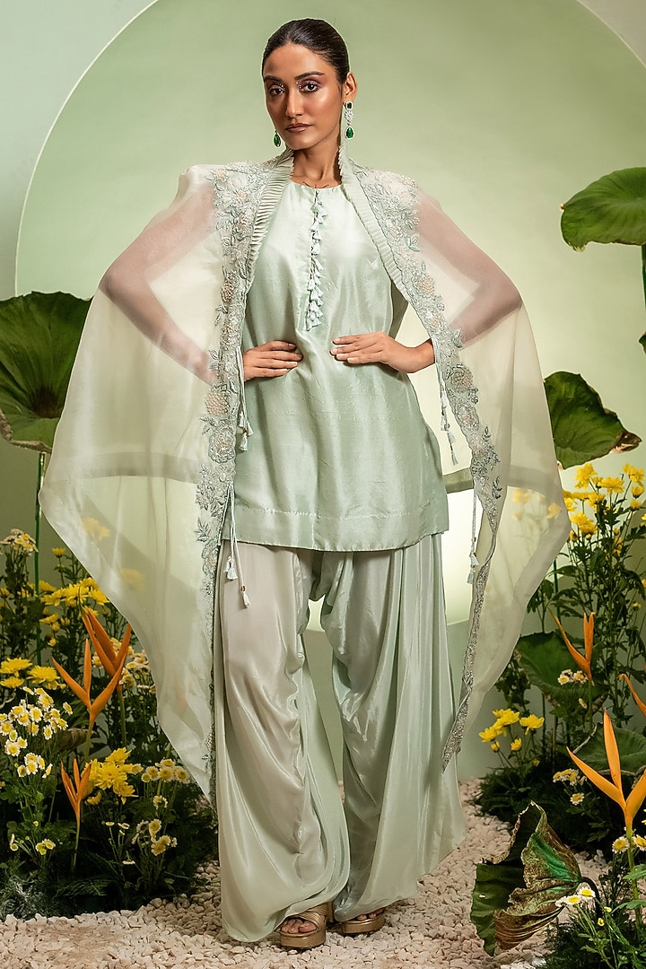 Aqua Organza Satin Dupion Cape Set by Pallavi Poddar (India) at Pernia's Pop Up Shop