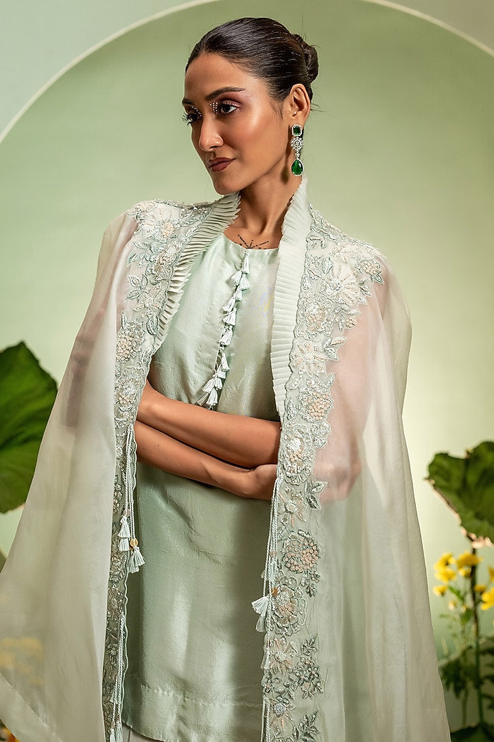 Aqua Organza Satin Dupion Cape Set by Pallavi Poddar (India) at Pernia's Pop Up Shop