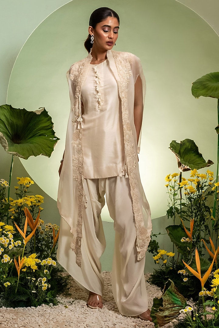 Ivory Organza Satin Dupion Cape Set by Pallavi Poddar (India) at Pernia's Pop Up Shop