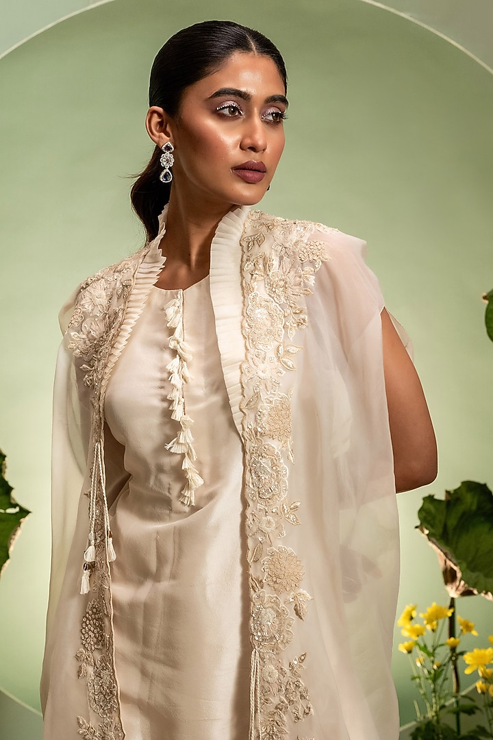 Ivory Organza Satin Dupion Cape Set by Pallavi Poddar (India) at Pernia's Pop Up Shop