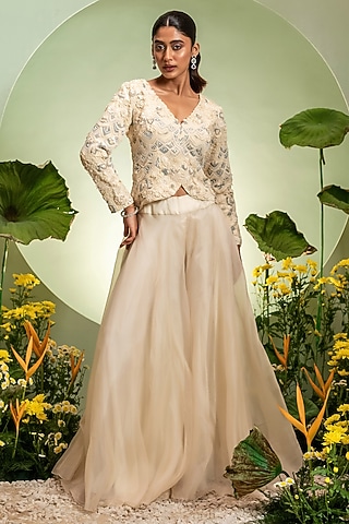 Ivory Organza Skirt Set by Pallavi Poddar (India)
