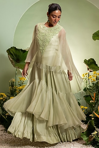 Green Satin Lycra & Organza Skirt Set by Pallavi Poddar (India)