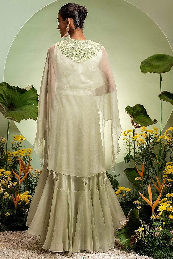 Green Satin Lycra & Organza Skirt Set by Pallavi Poddar (India) at Pernia's Pop Up Shop