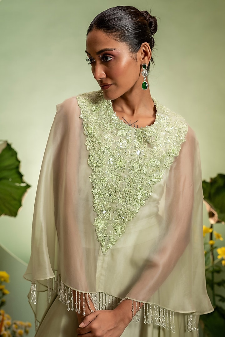 Green Satin Lycra & Organza Skirt Set by Pallavi Poddar (India) at Pernia's Pop Up Shop