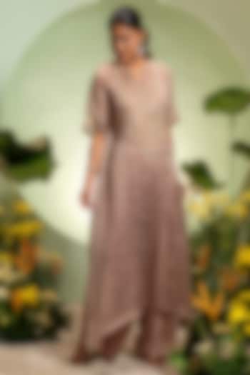 Fawn Satin Tissue Embroidered Kaftan Set by Pallavi Poddar (India) at Pernia's Pop Up Shop