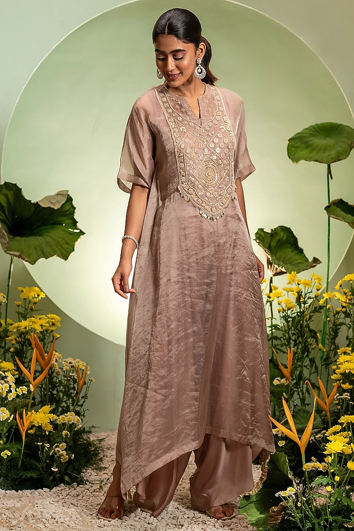 Fawn Satin Tissue Embroidered Kaftan Set by Pallavi Poddar (India) at Pernia's Pop Up Shop