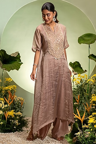 Fawn Satin Tissue Embroidered Kaftan Set by Pallavi Poddar (India)