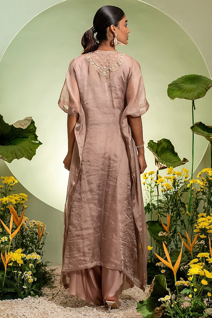 Fawn Satin Tissue Embroidered Kaftan Set by Pallavi Poddar (India) at Pernia's Pop Up Shop