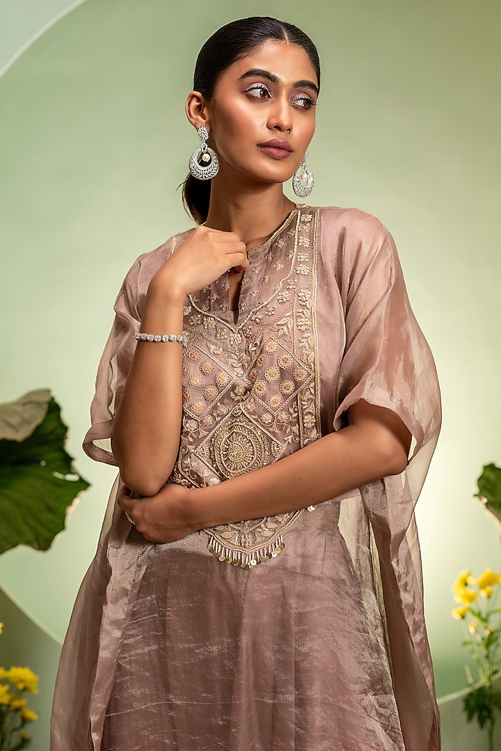 Fawn Satin Tissue Embroidered Kaftan Set by Pallavi Poddar (India) at Pernia's Pop Up Shop