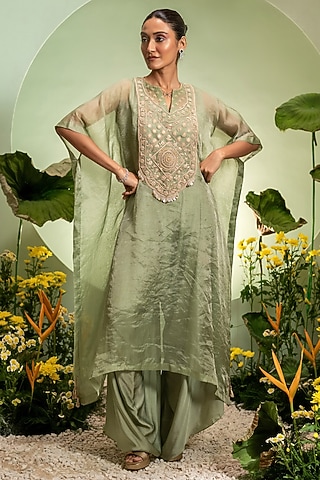 Green Satin Tissue Embroidered Kaftan Set by Pallavi Poddar (India)