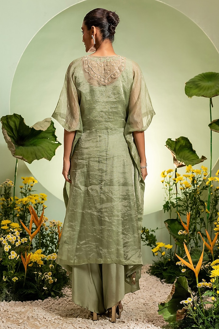 Green Satin Tissue Embroidered Kaftan Set by Pallavi Poddar (India) at Pernia's Pop Up Shop