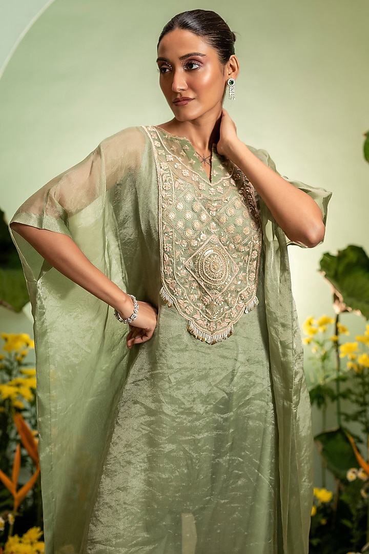 Green Satin Tissue Embroidered Kaftan Set by Pallavi Poddar (India) at Pernia's Pop Up Shop