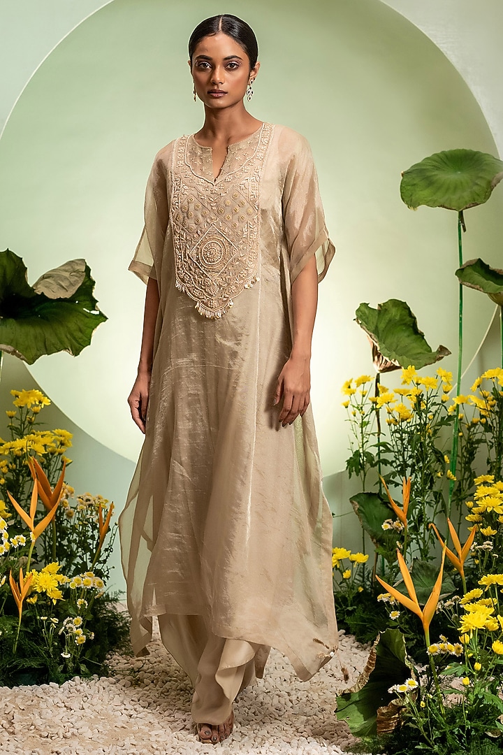 Gold Satin Tissue Embroidered Kaftan Set by Pallavi Poddar (India) at Pernia's Pop Up Shop
