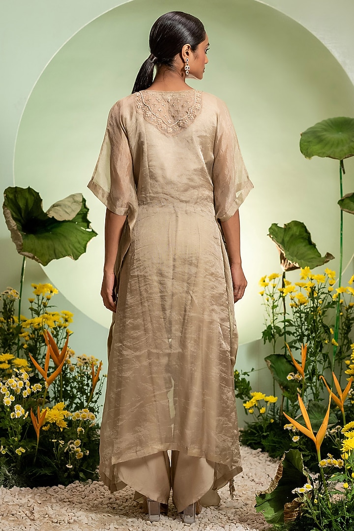 Gold Satin Tissue Embroidered Kaftan Set by Pallavi Poddar (India) at Pernia's Pop Up Shop