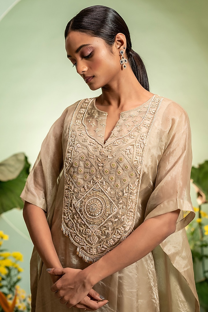 Gold Satin Tissue Embroidered Kaftan Set by Pallavi Poddar (India) at Pernia's Pop Up Shop