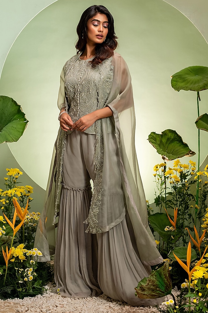 Aqua Organza & Chiffon Embroidered Cape Set by Pallavi Poddar (India) at Pernia's Pop Up Shop