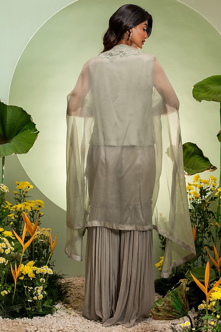 Aqua Organza & Chiffon Embroidered Cape Set by Pallavi Poddar (India) at Pernia's Pop Up Shop