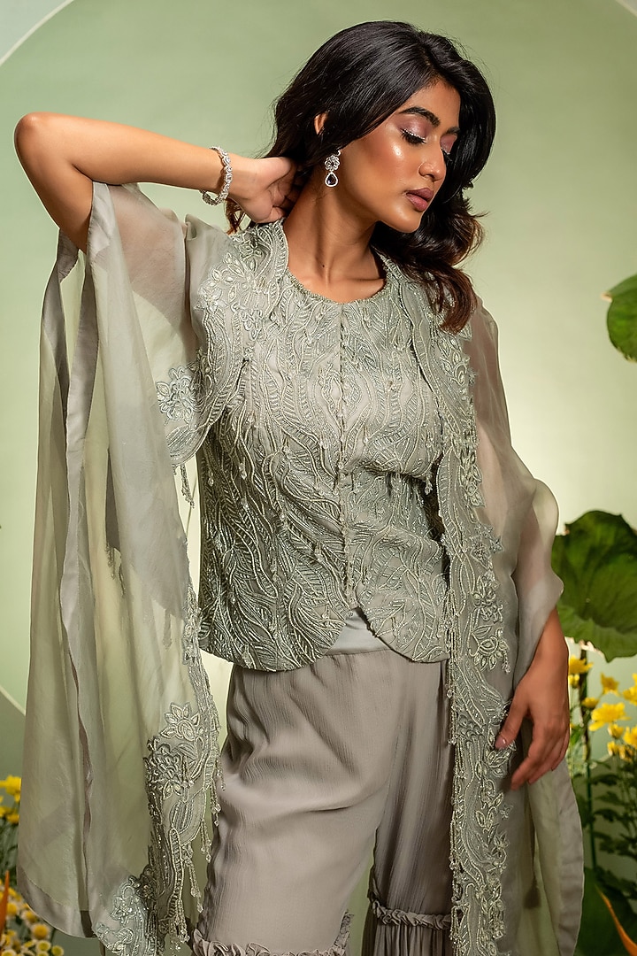 Aqua Organza & Chiffon Embroidered Cape Set by Pallavi Poddar (India) at Pernia's Pop Up Shop