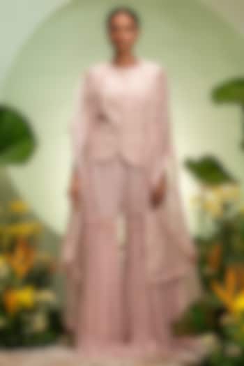 Pink Organza & Chiffon Embroidered Cape Set by Pallavi Poddar (India) at Pernia's Pop Up Shop