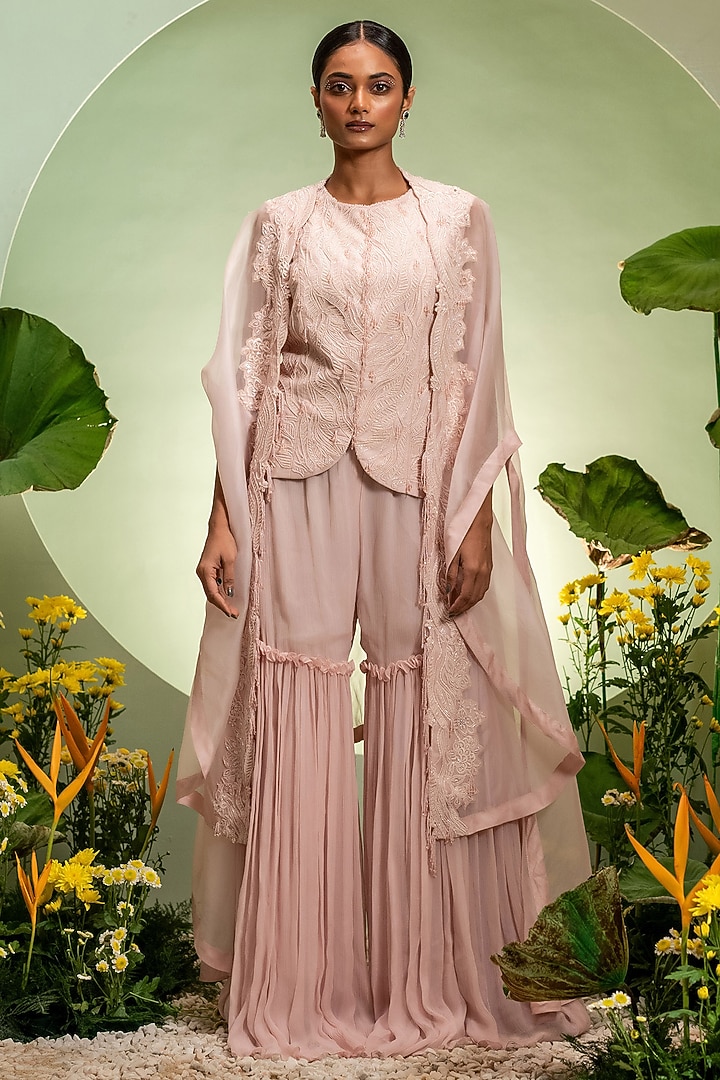 Pink Organza & Chiffon Embroidered Cape Set by Pallavi Poddar (India) at Pernia's Pop Up Shop