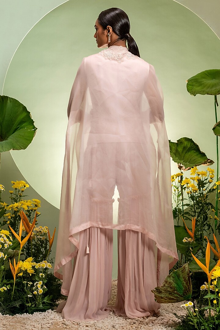 Pink Organza & Chiffon Embroidered Cape Set by Pallavi Poddar (India) at Pernia's Pop Up Shop