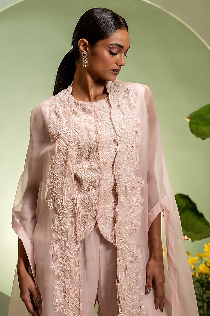 Pink Organza & Chiffon Embroidered Cape Set by Pallavi Poddar (India) at Pernia's Pop Up Shop