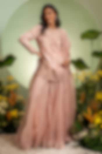 Pink Organza & Dupion Embroidered Bridal Sharara Set by Pallavi Poddar (India) at Pernia's Pop Up Shop