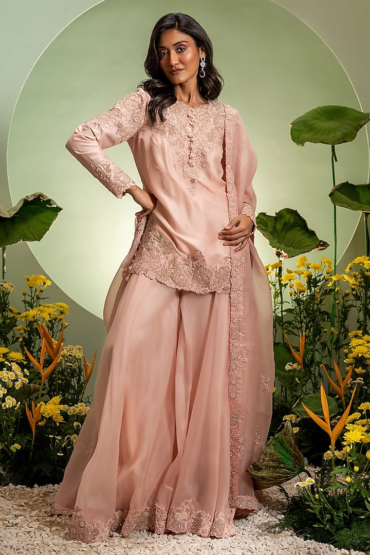 Pink Organza & Dupion Embroidered Bridal Sharara Set by Pallavi Poddar (India) at Pernia's Pop Up Shop