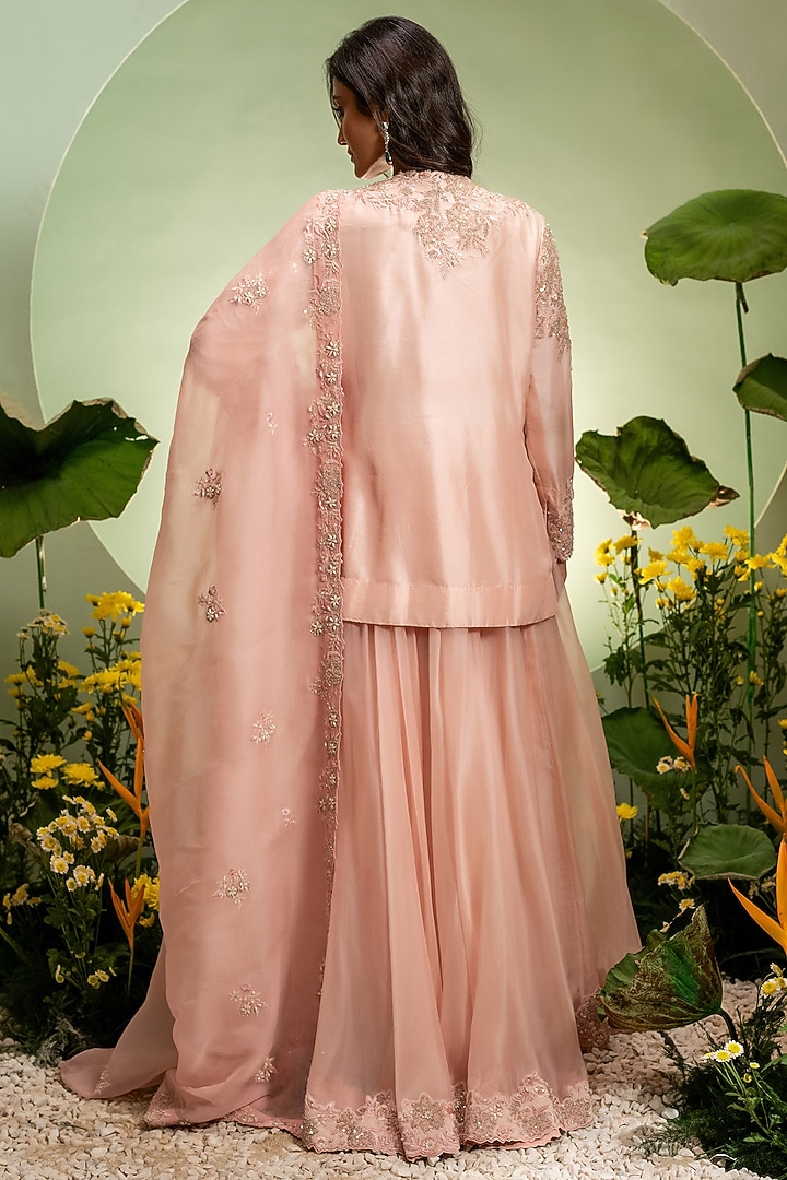 Pink Organza & Dupion Embroidered Bridal Sharara Set by Pallavi Poddar (India) at Pernia's Pop Up Shop