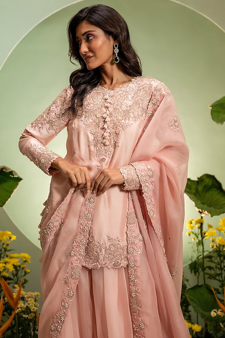 Pink Organza & Dupion Embroidered Bridal Sharara Set by Pallavi Poddar (India) at Pernia's Pop Up Shop