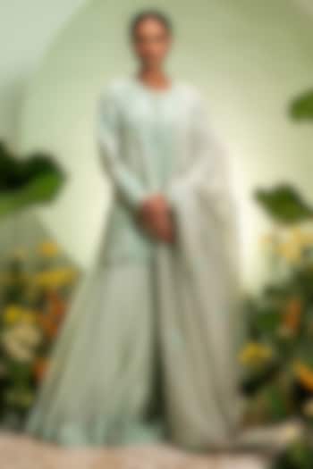 Aqua Organza & Dupion Embroidered Bridal Sharara Set by Pallavi Poddar (India) at Pernia's Pop Up Shop