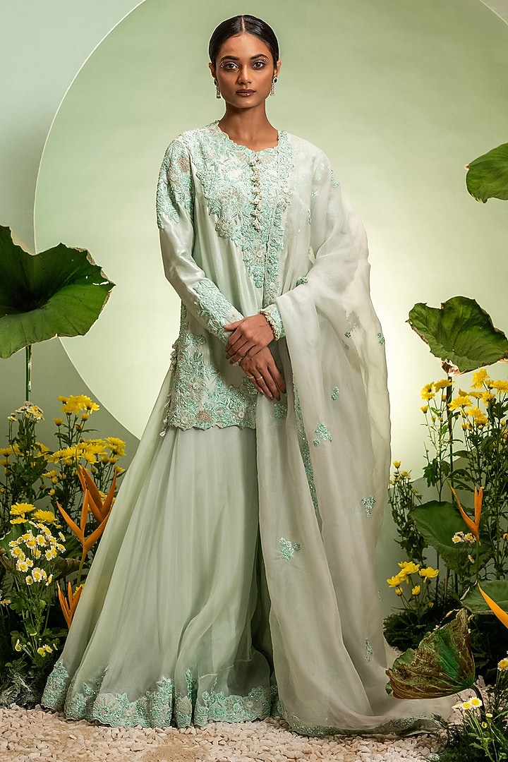 Aqua Organza & Dupion Embroidered Bridal Sharara Set by Pallavi Poddar (India) at Pernia's Pop Up Shop