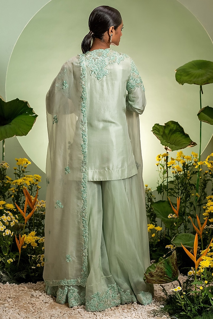 Aqua Organza & Dupion Embroidered Bridal Sharara Set by Pallavi Poddar (India) at Pernia's Pop Up Shop