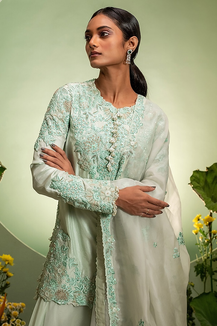Aqua Organza & Dupion Embroidered Bridal Sharara Set by Pallavi Poddar (India) at Pernia's Pop Up Shop