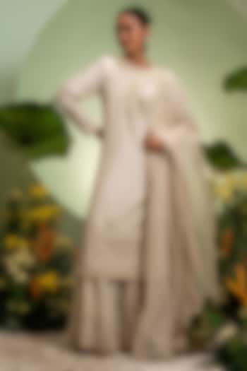 Ivory Organza & Dupion Embroidered Bridal Sharara Set by Pallavi Poddar (India) at Pernia's Pop Up Shop