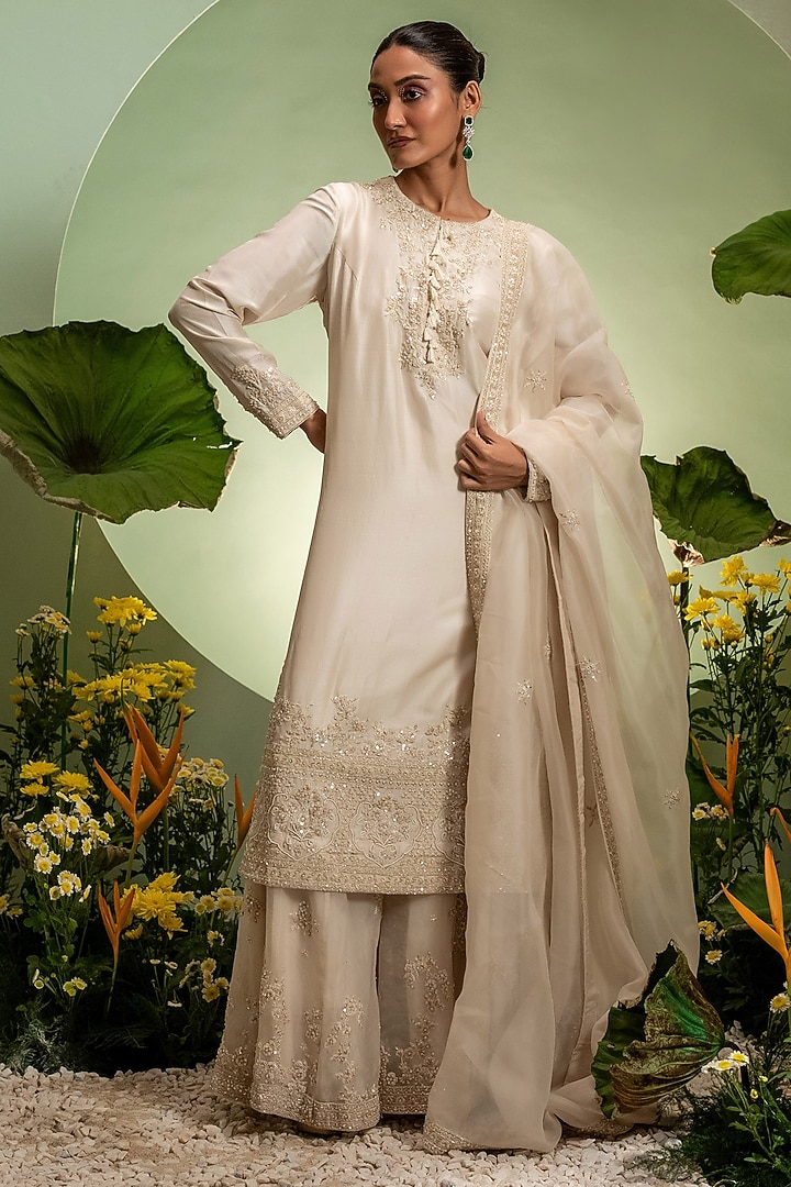 Ivory Organza & Dupion Embroidered Bridal Sharara Set by Pallavi Poddar (India) at Pernia's Pop Up Shop