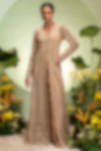 Gold Net & Satin Cutdana Embroidered Jacket Set by Pallavi Poddar (India) at Pernia's Pop Up Shop