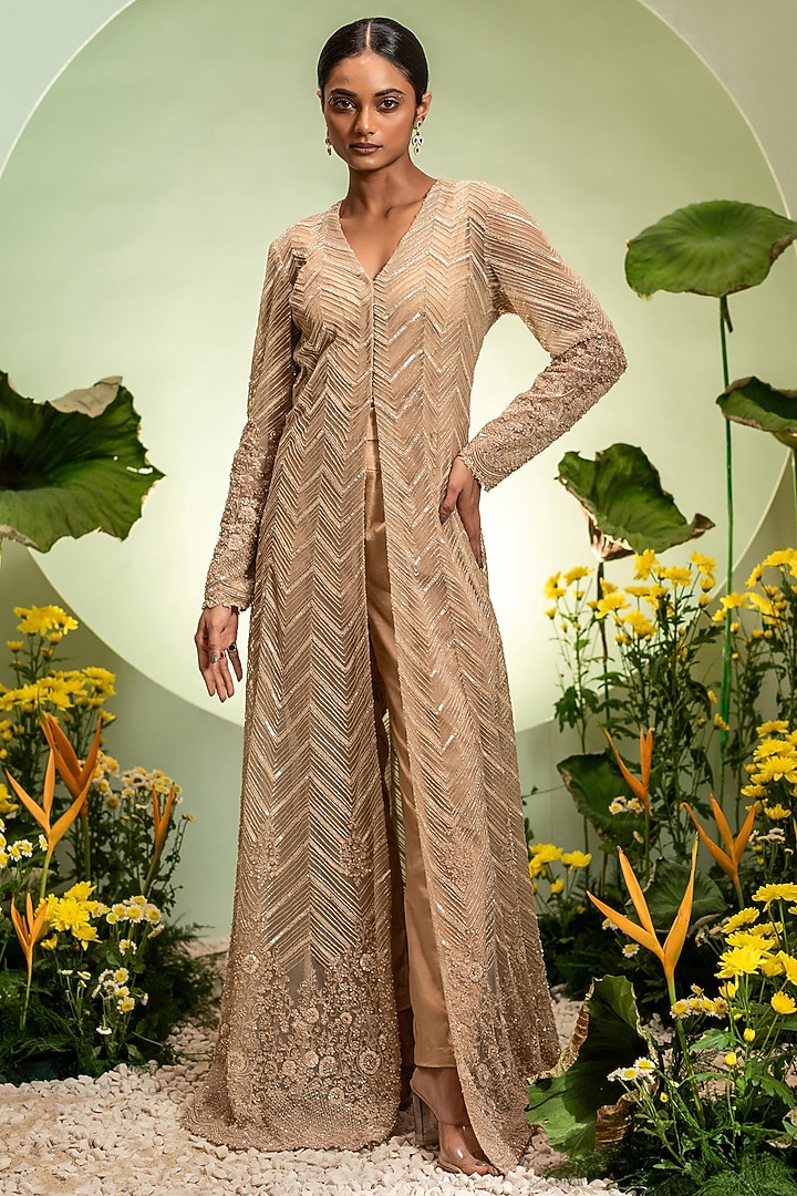 Gold Net & Satin Cutdana Embroidered Jacket Set by Pallavi Poddar (India) at Pernia's Pop Up Shop