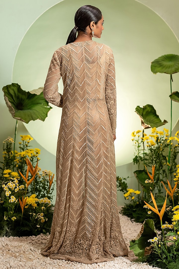Gold Net & Satin Cutdana Embroidered Jacket Set by Pallavi Poddar (India) at Pernia's Pop Up Shop