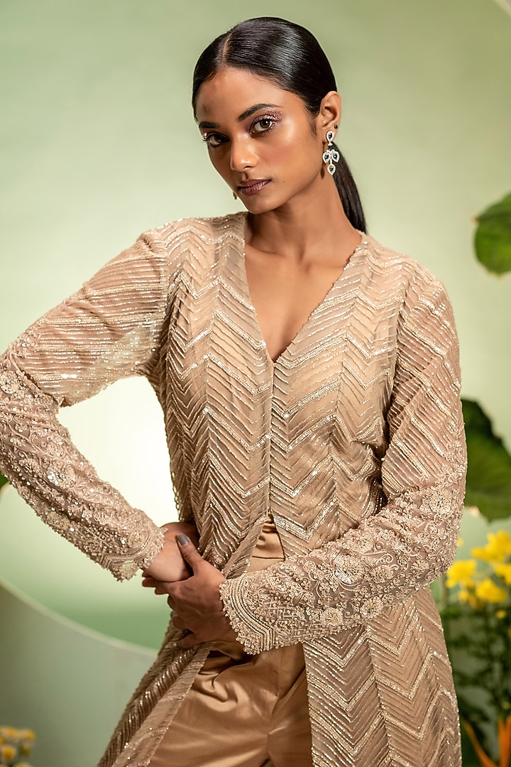 Gold Net & Satin Cutdana Embroidered Jacket Set by Pallavi Poddar (India) at Pernia's Pop Up Shop