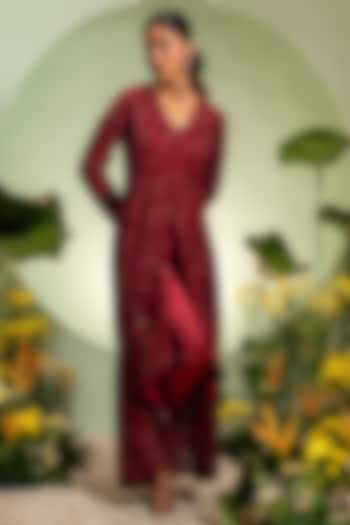 Red Net & Satin Cutdana Embroidered Jacket Set by Pallavi Poddar (India) at Pernia's Pop Up Shop