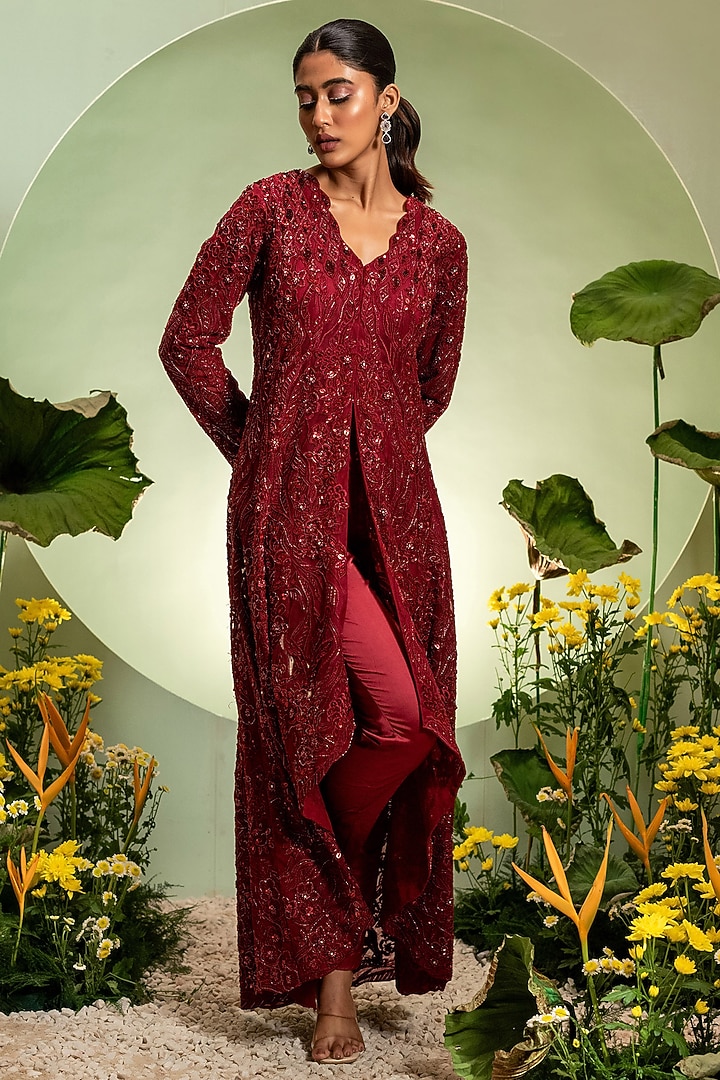 Red Net & Satin Cutdana Embroidered Jacket Set by Pallavi Poddar (India) at Pernia's Pop Up Shop
