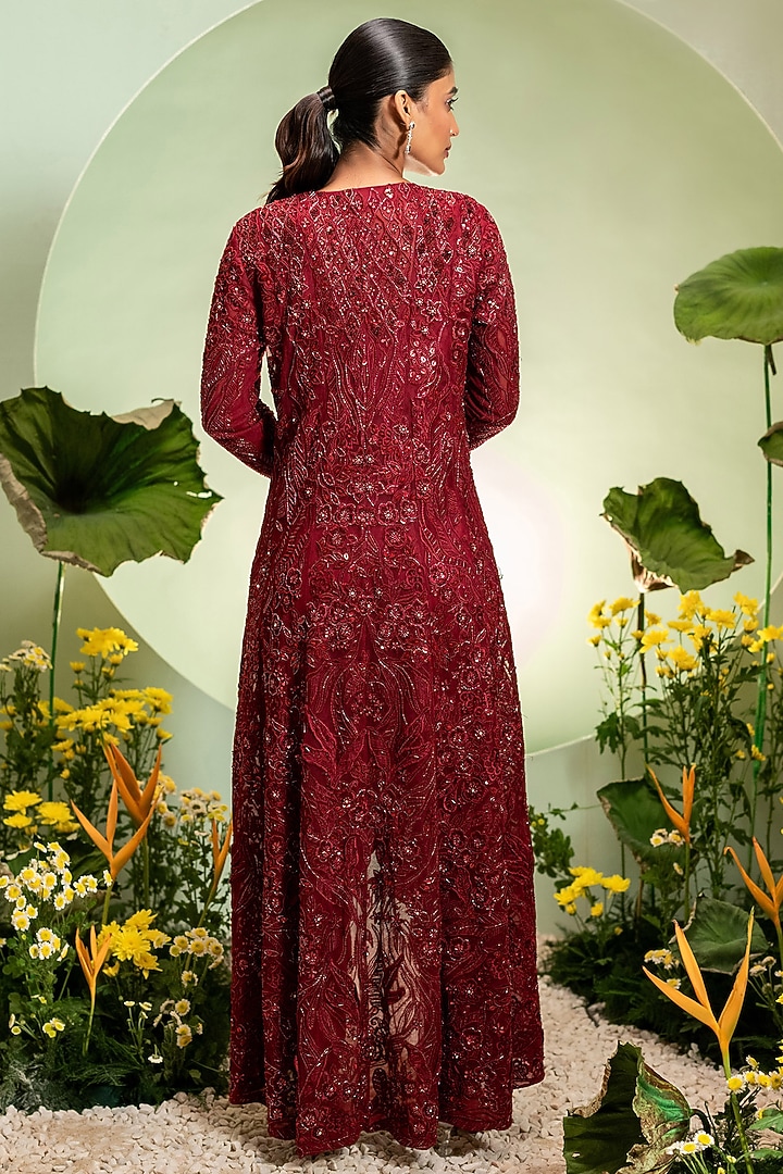 Red Net & Satin Cutdana Embroidered Jacket Set by Pallavi Poddar (India) at Pernia's Pop Up Shop