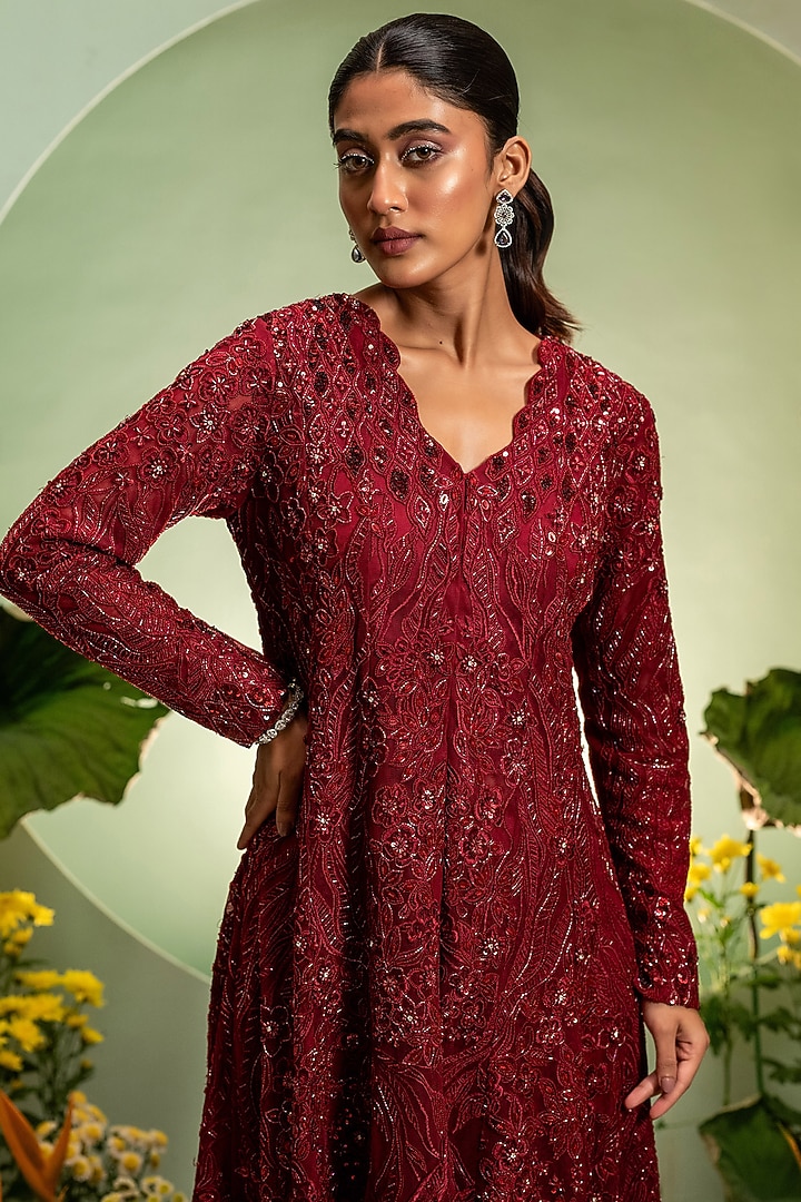 Red Net & Satin Cutdana Embroidered Jacket Set by Pallavi Poddar (India) at Pernia's Pop Up Shop