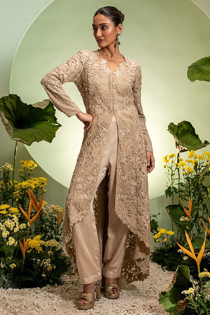 Gold Net & Satin Cutdana Embroidered Jacket Set by Pallavi Poddar (India) at Pernia's Pop Up Shop