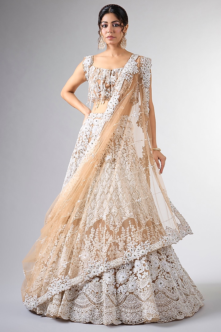 Mouse Brown Net Cutdana Work Bridal Lehenga Set by Pallavi Poddar (India) at Pernia's Pop Up Shop