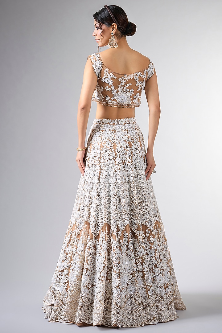 Mouse Brown Net Cutdana Work Bridal Lehenga Set by Pallavi Poddar (India) at Pernia's Pop Up Shop