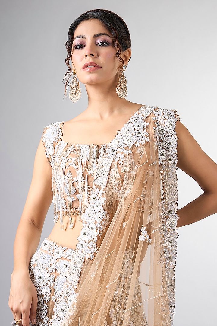Mouse Brown Net Cutdana Work Bridal Lehenga Set by Pallavi Poddar (India) at Pernia's Pop Up Shop