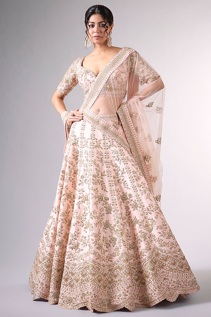 Pink Raw Silk Cutdana & Moti Work Bridal Lehenga Set by Pallavi Poddar (India) at Pernia's Pop Up Shop